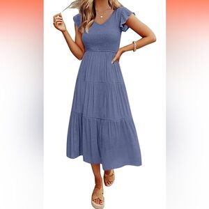 Women's Flutter Sleeve Smocked Midi Dress VNeck Casual Tiered Dress with Pockets